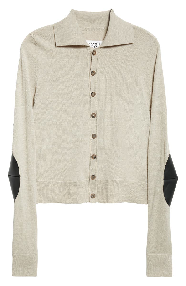 MM6 Maison Margiela Virgin Wool Blend Cardigan with Leather Elbow Patches, Alternate, color, Beige Melange