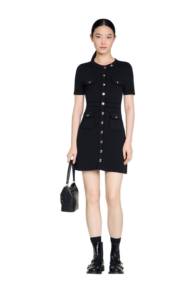 Button-up knit short dress, Alternate, color, Black
