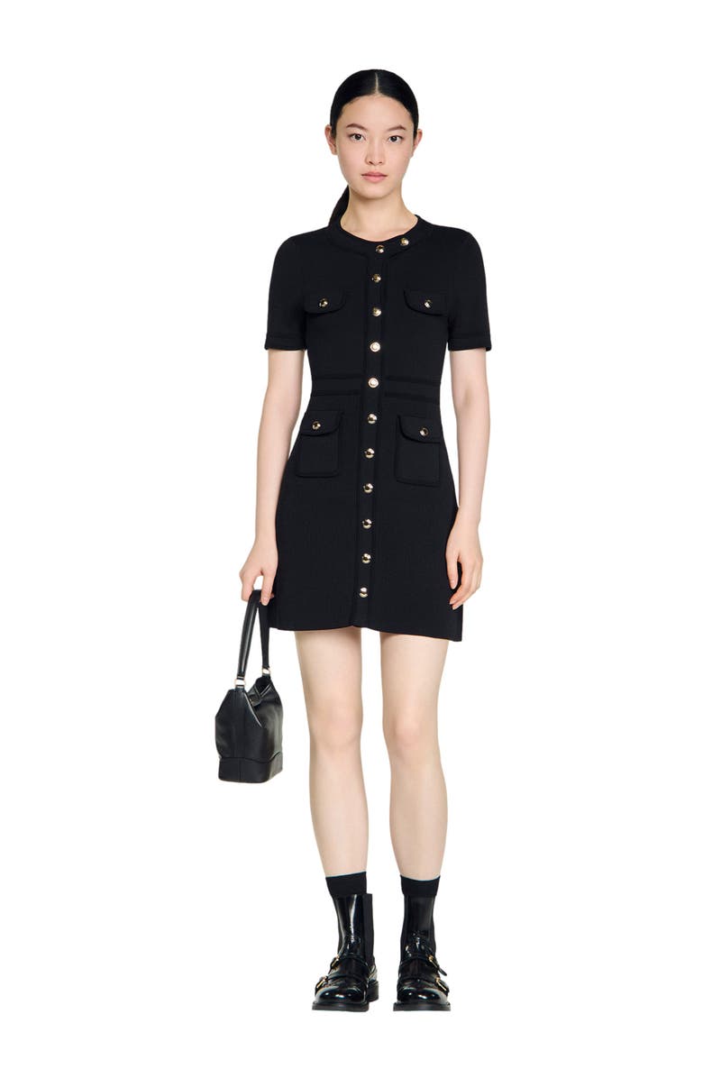 SANDRO Button-up knit short dress, Alternate, color, Black