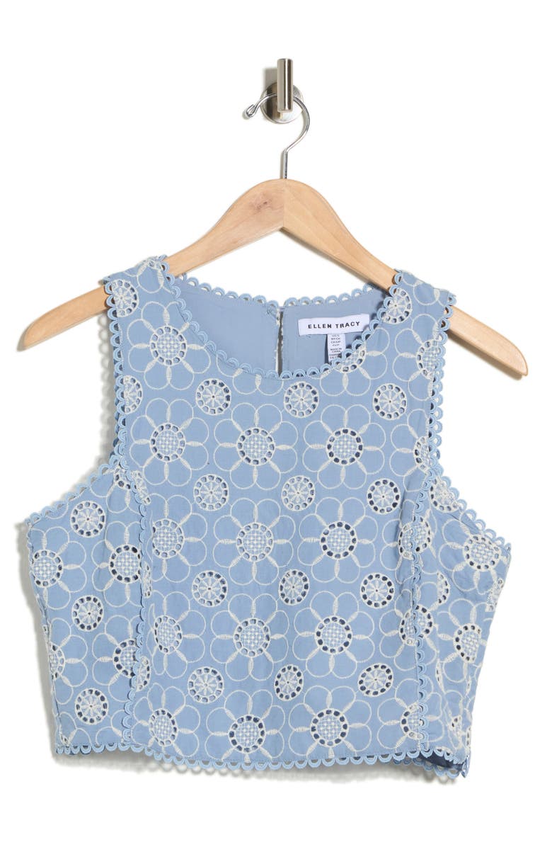 Ellen Tracy Embroidered Cotton Voile Crop Tank, Main, color, Blue Daisy