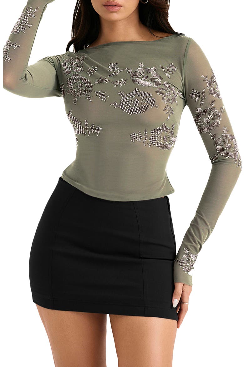 Embellished Semisheer Mesh Top, Main, color, OLIVE
