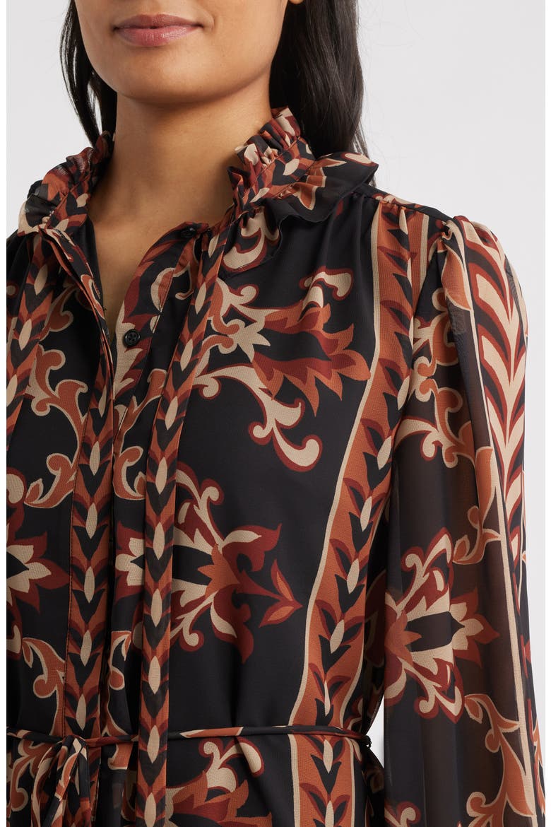 Florentine Print Long Sleeve Tie Neck Shirtdress, Alternate, color, BLACK MULTI