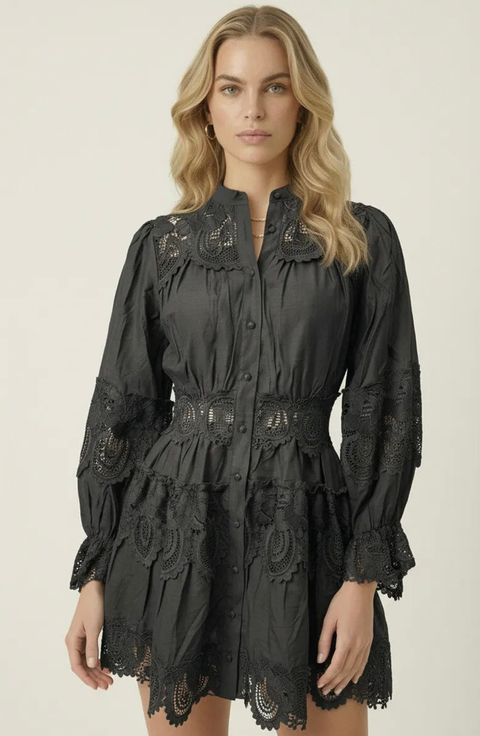 Lace Trim Button Front Mini Dress