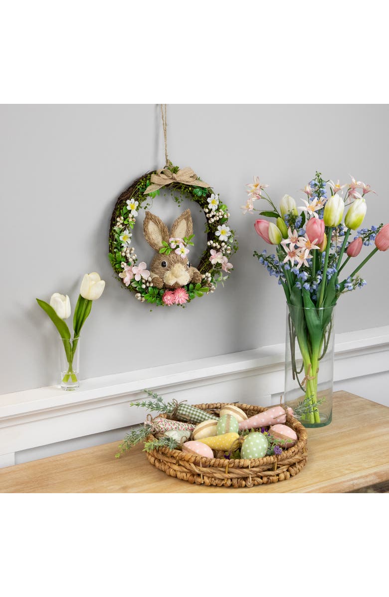 Northlight Floral Grapevine Small Artificial Wreath with Sisal Rabbit - 11" - Green and Pink, Alternate, color, Brown