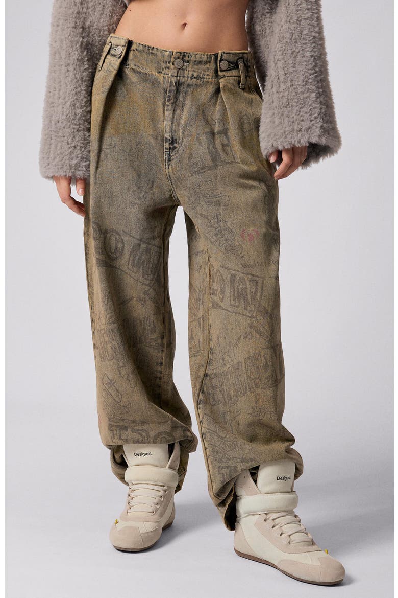 Graffiti Print Wide Leg Jeans, Main, color, MEDIUM BEIGE