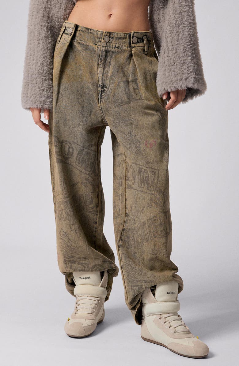 Desigual Graffiti Print Wide Leg Jeans, Main, color, Medium Beige