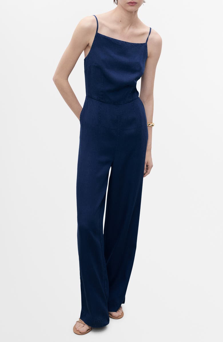MANGO Wide Leg Chambray Jumpsuit, Main, color, Dark Blue