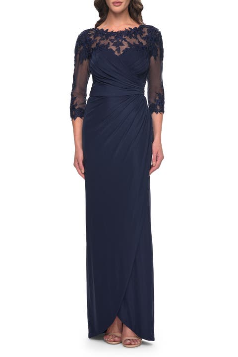 Long Jersey Evening Dress with Lace Detail Neckline and Sleeves