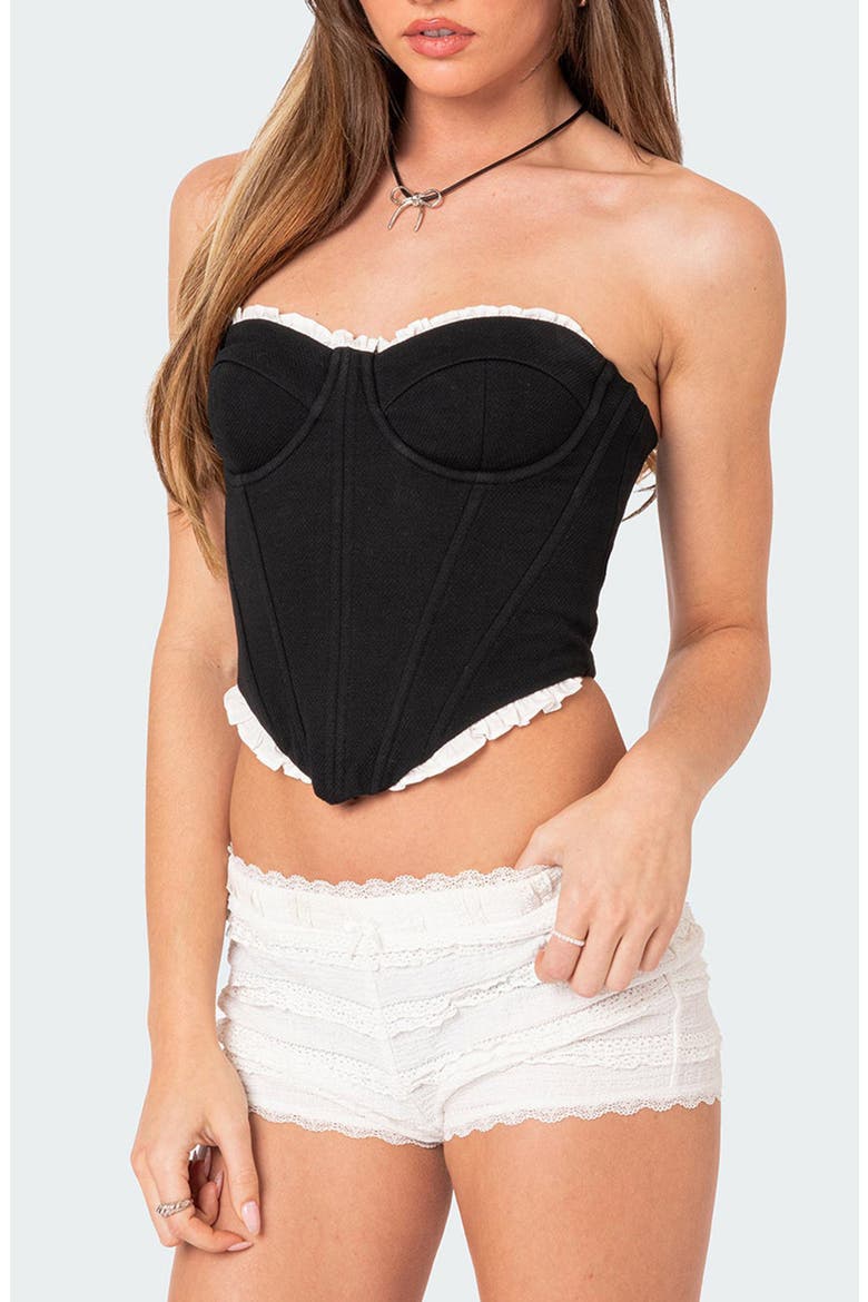 Tempting Ruffle Trim Strapless Corset Top, Alternate, color, BLACK