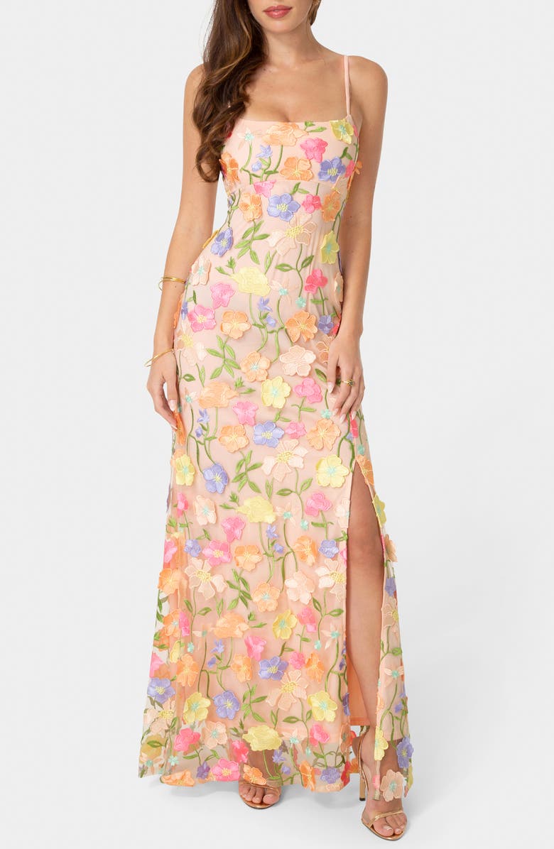 bebe Floral Embroidered Gown, Main, color,