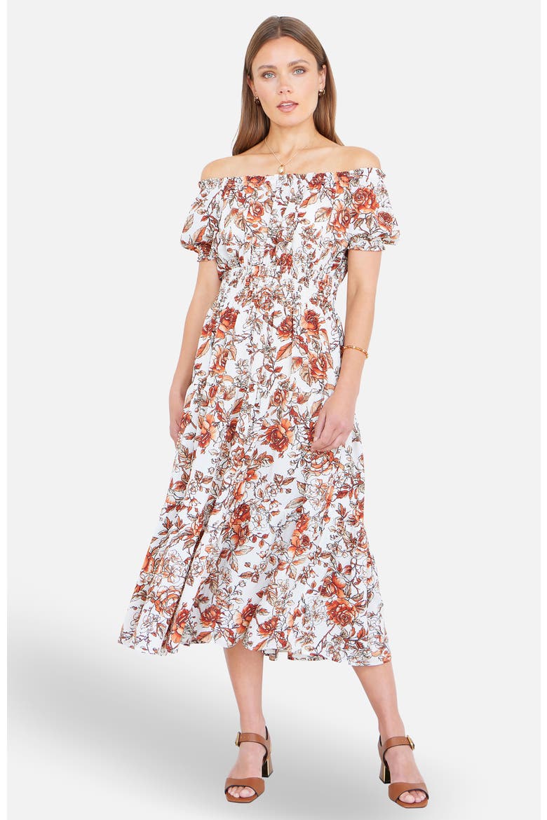Floral Ruched Waist Midi Dress, Main, color, Orange