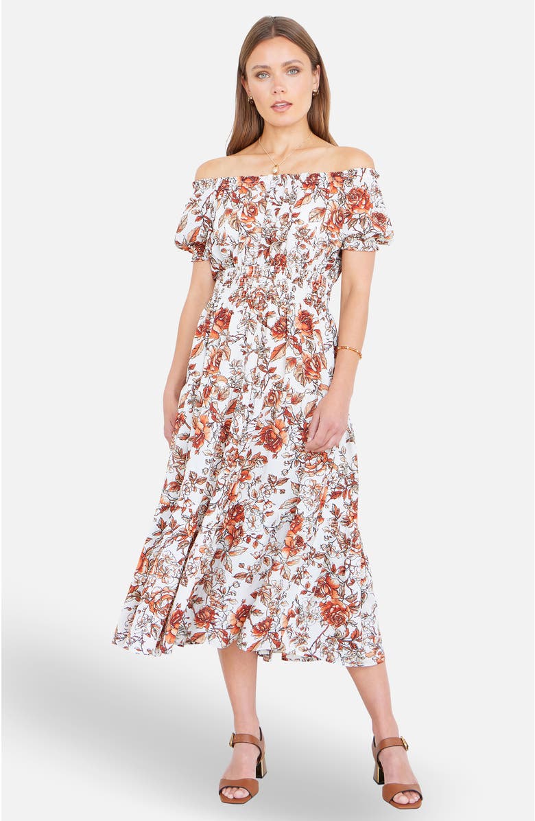 Yumi Floral Ruched Waist Midi Dress, Main, color, Orange