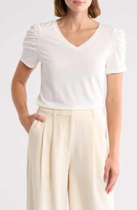 T Tahari Ruched Sleeve V-Neck T-Shirt