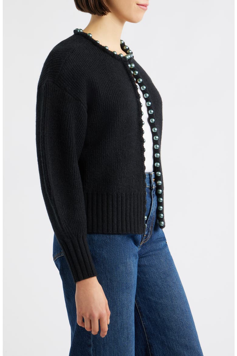 Faux Pearl Trim Cardigan, Alternate, color, BLACK