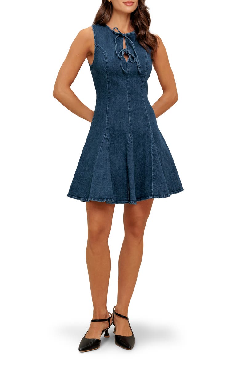 FLYING TOMATO Tie Neck Denim Minidress, Main, color, Medium Indigo