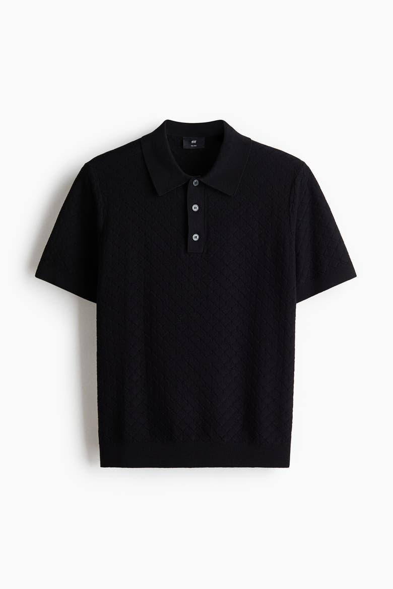 Slim-fit Textured-knit Polo Shirt, Alternate, color, Black