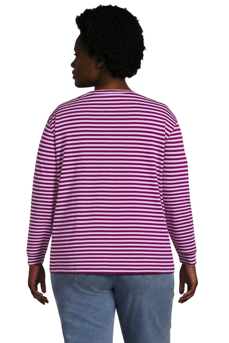 Plus Size Cotton Relaxed Long Sleeve Crew Neck, Alternate, color, Light Raspberry/Orchid Stripe