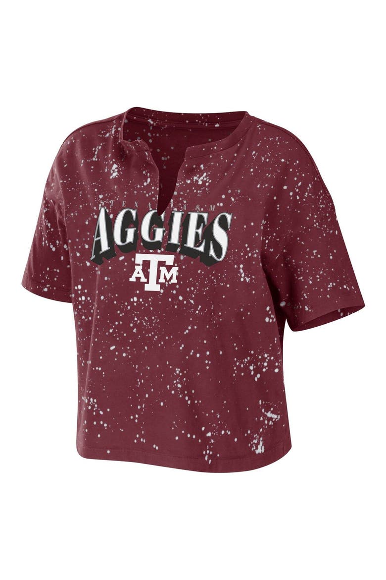 Women's WEAR by Erin Andrews Maroon Texas A&M Aggies Bleach Wash Splatter Cropped Notch Neck T-Shirt, Alternate, color, Maroon