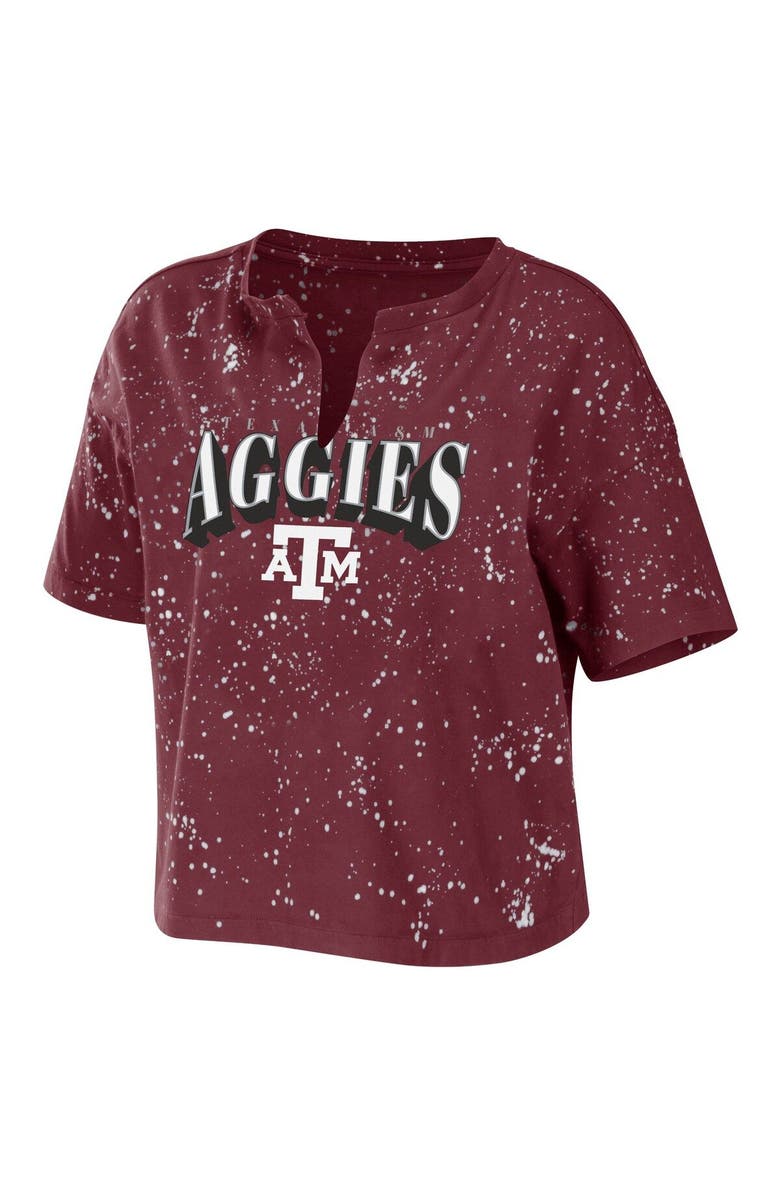 WEAR by Erin Andrews Women's WEAR by Erin Andrews Maroon Texas A&M Aggies Bleach Wash Splatter Cropped Notch Neck T-Shirt, Alternate, color, Maroon