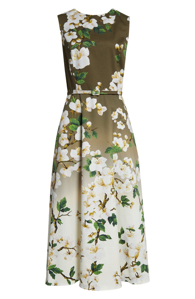 Oscar de la Renta Ombré Cherry Blossom Belted Poplin Midi Dress, Alternate, color, White Khaki Ombre