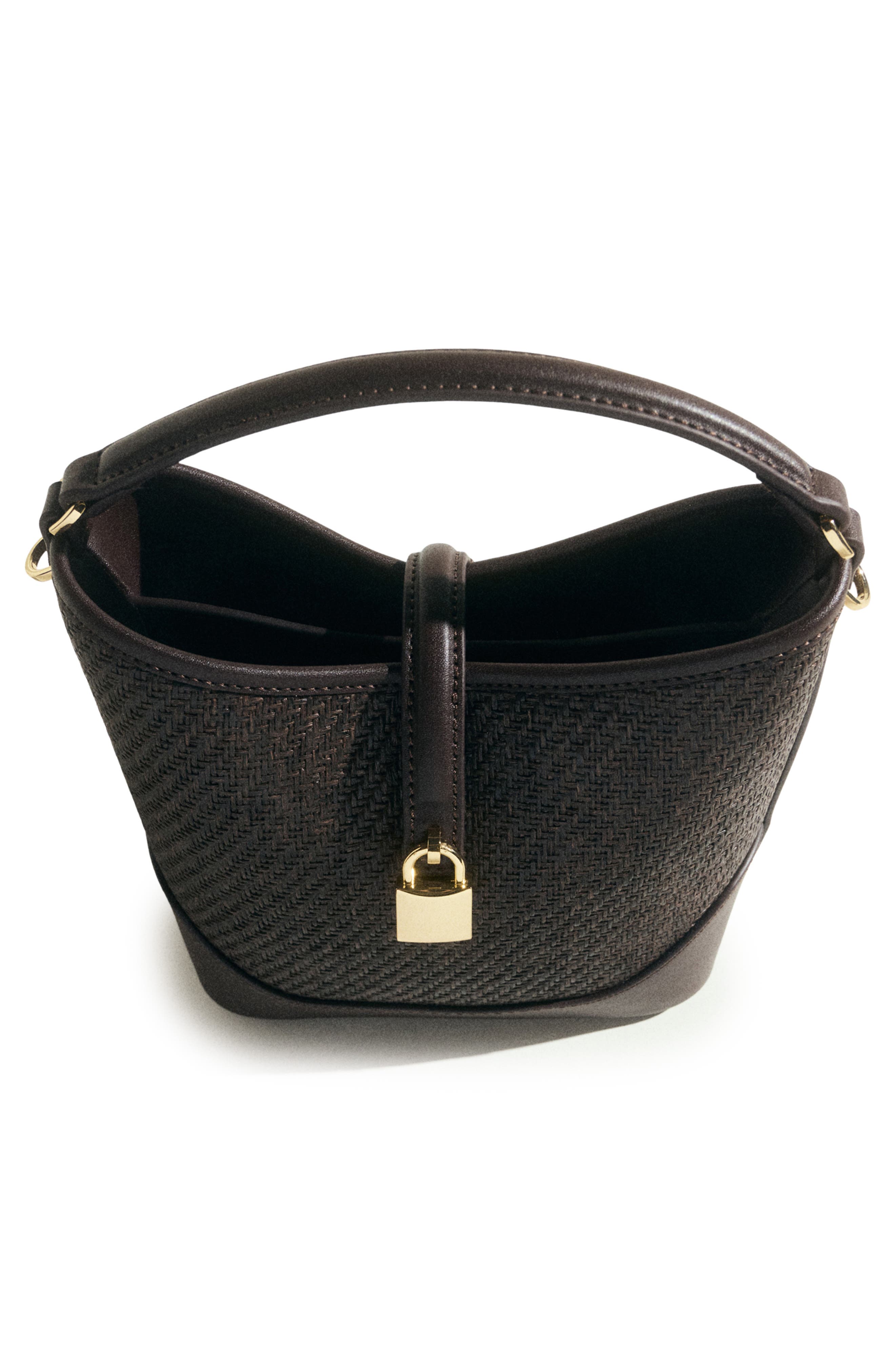 MANGO Small Raffia Bucket Bag, Alternate, color, Chocolate