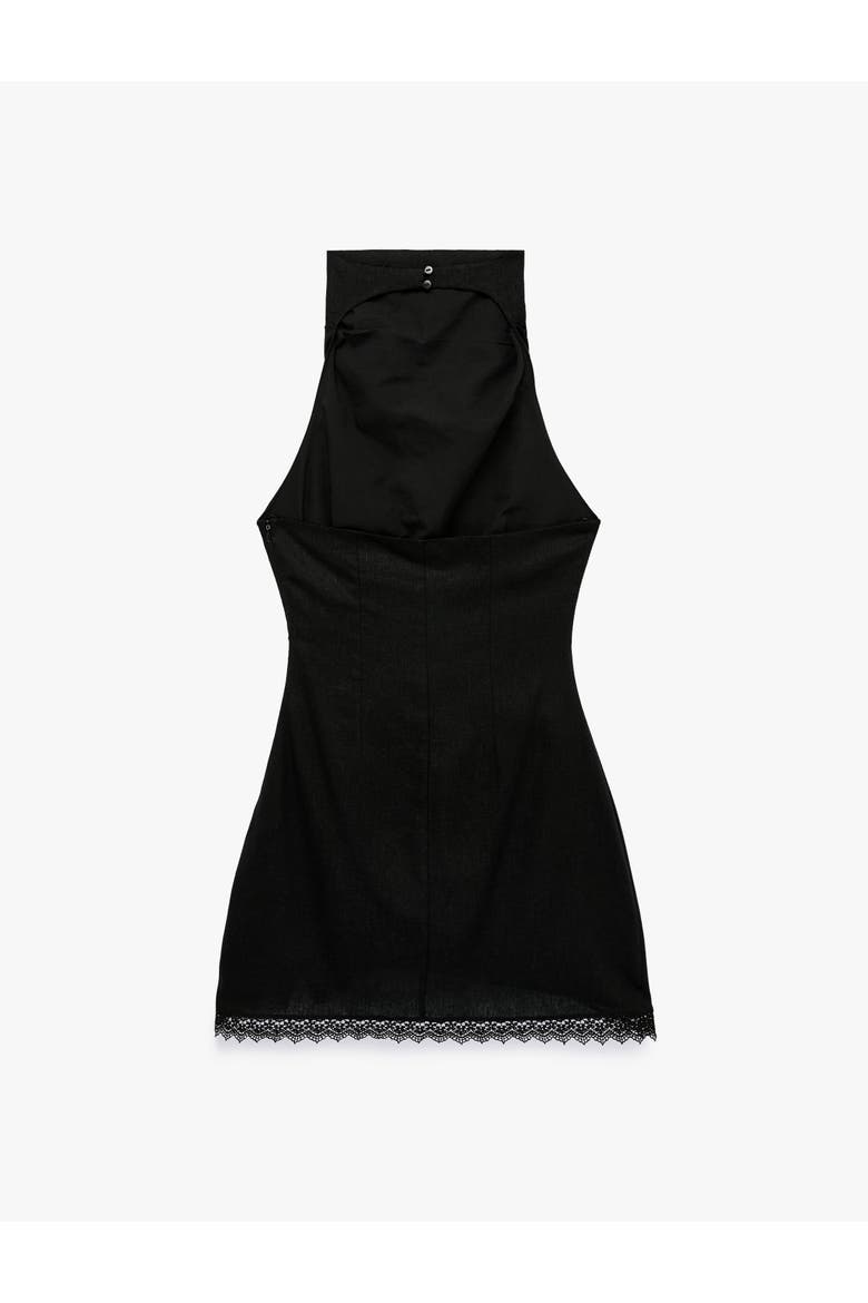 Linen Blend Sleeveless Funnel Neck Satin Mini Dress with Lace Detail, Alternate, color, BLACK