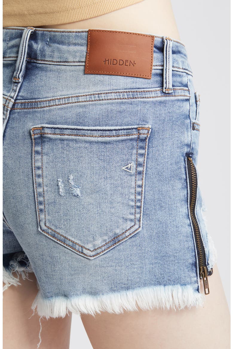 Distressed Side Zip Fringe Denim Shorts, Alternate, color, LIGHT WASH