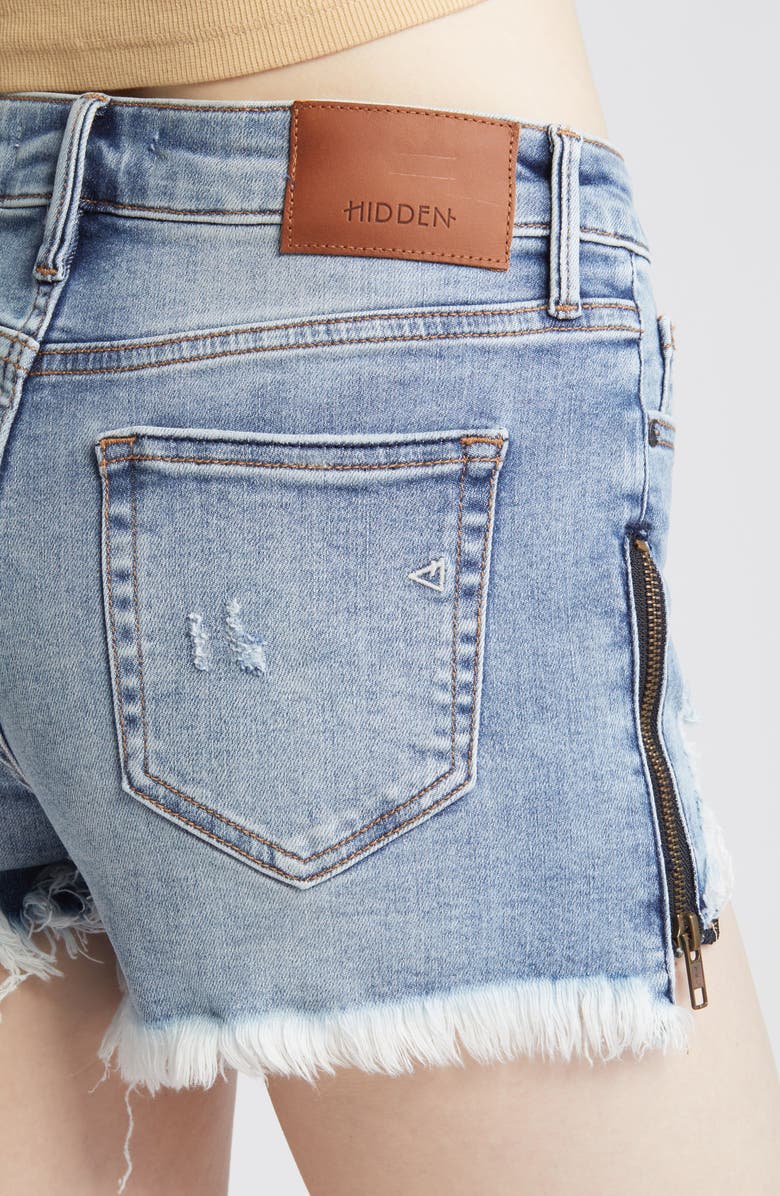 HIDDEN JEANS Distressed Side Zip Fringe Denim Shorts, Alternate, color, Light Wash