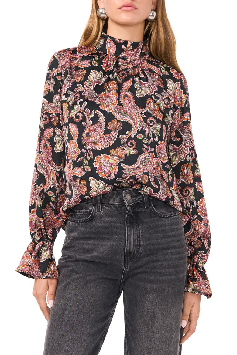 Paisley Print Open Back Mock Neck Top, Main, color, RICH BLACK