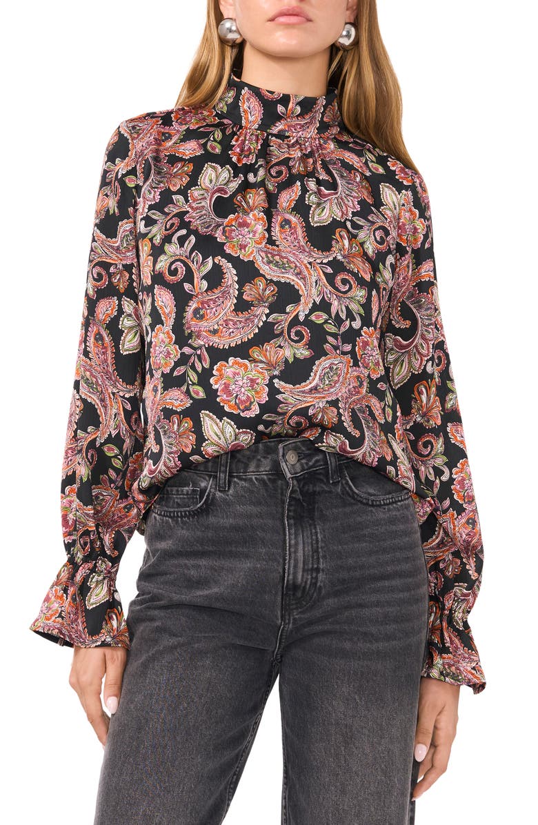 1.STATE Paisley Print Open Back Mock Neck Top, Main, color, Rich Black