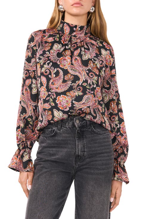 Paisley Print Open Back Mock Neck Top