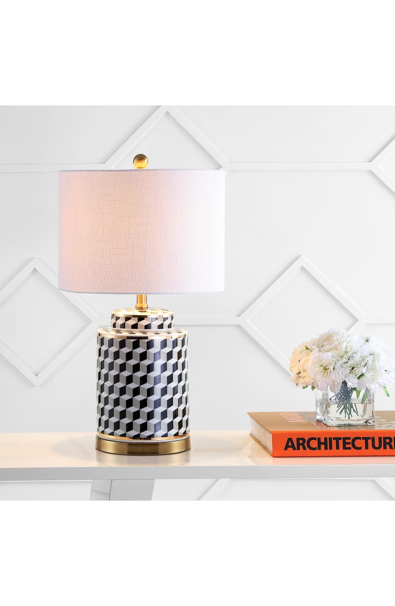 JONATHAN Y Ellie Tumbling Block Ceramic/Metal LED Table Lamp, Main, color, Black/White