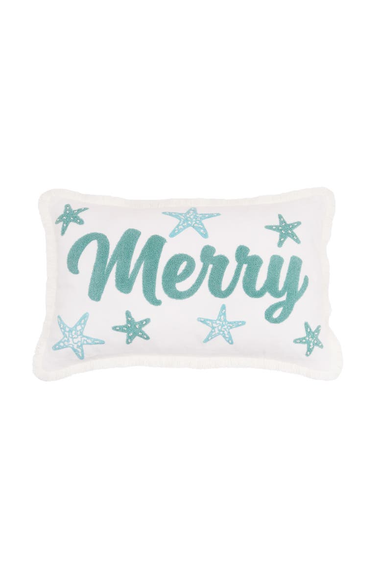 Merry Starfish Coastal Tufted and Beaded Lumbar Throw Pillow 14" x 22", Main, color, Blue