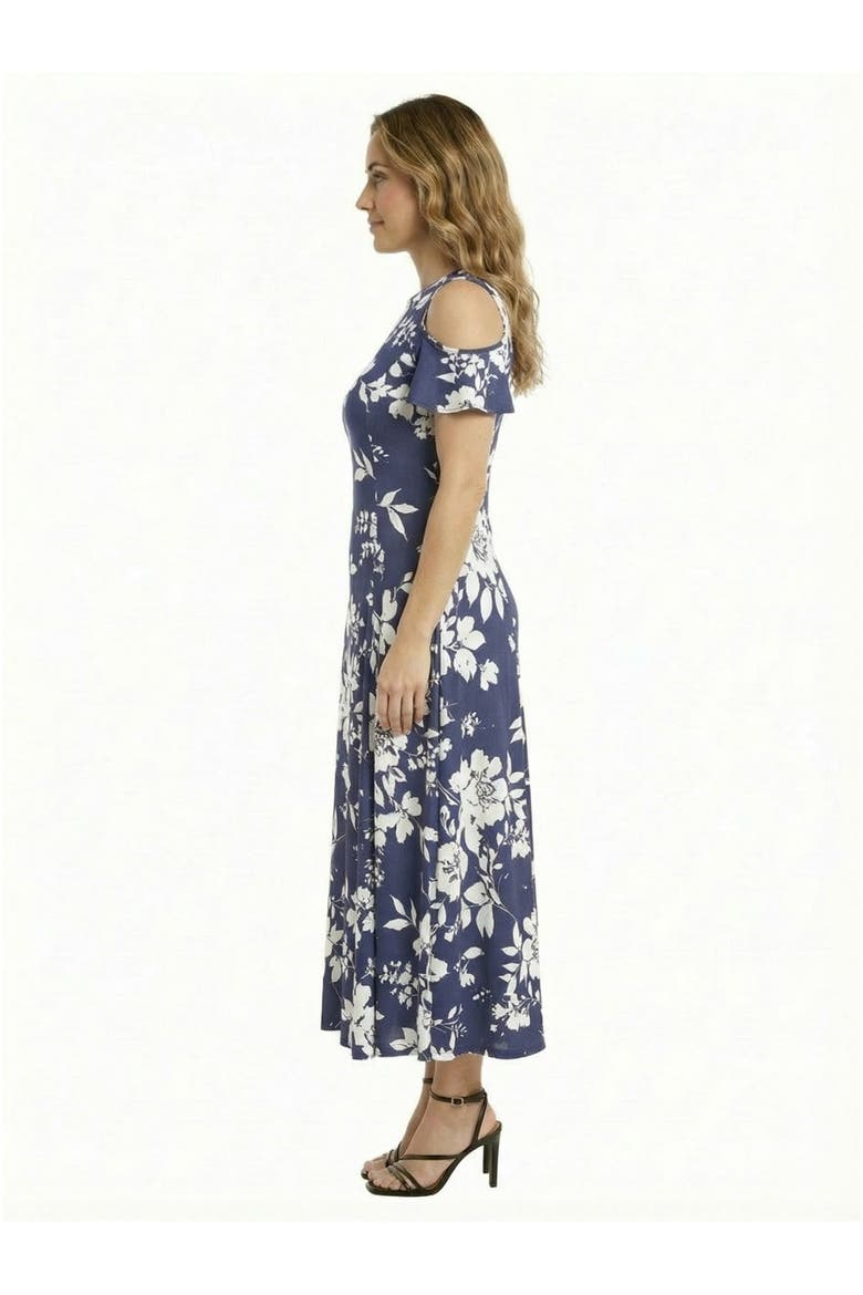 Essential Petite Floral Ruffle Sleeve Cold Shoulder A-Line Maxi Dress, Alternate, color, Navy Multi