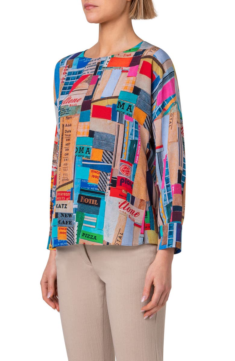 Akris punto NYC Paper Collage Print Silk Crêpe de Chine Top, Alternate, color, Blue Multicolor