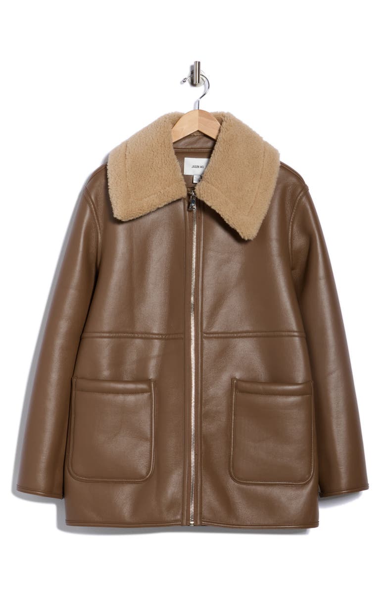 JASON WU Faux Shearling Collar Faux Leather Coat, Alternate, color, Brown/ Tan