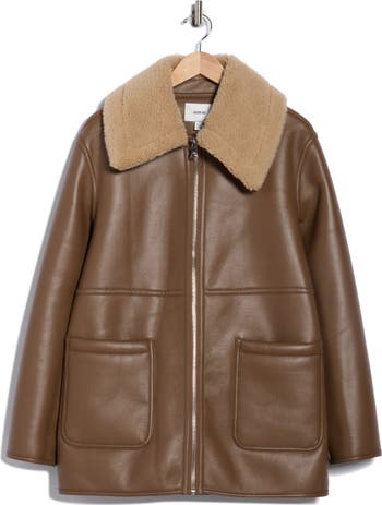 Faux Shearling Collar Faux Leather Coat