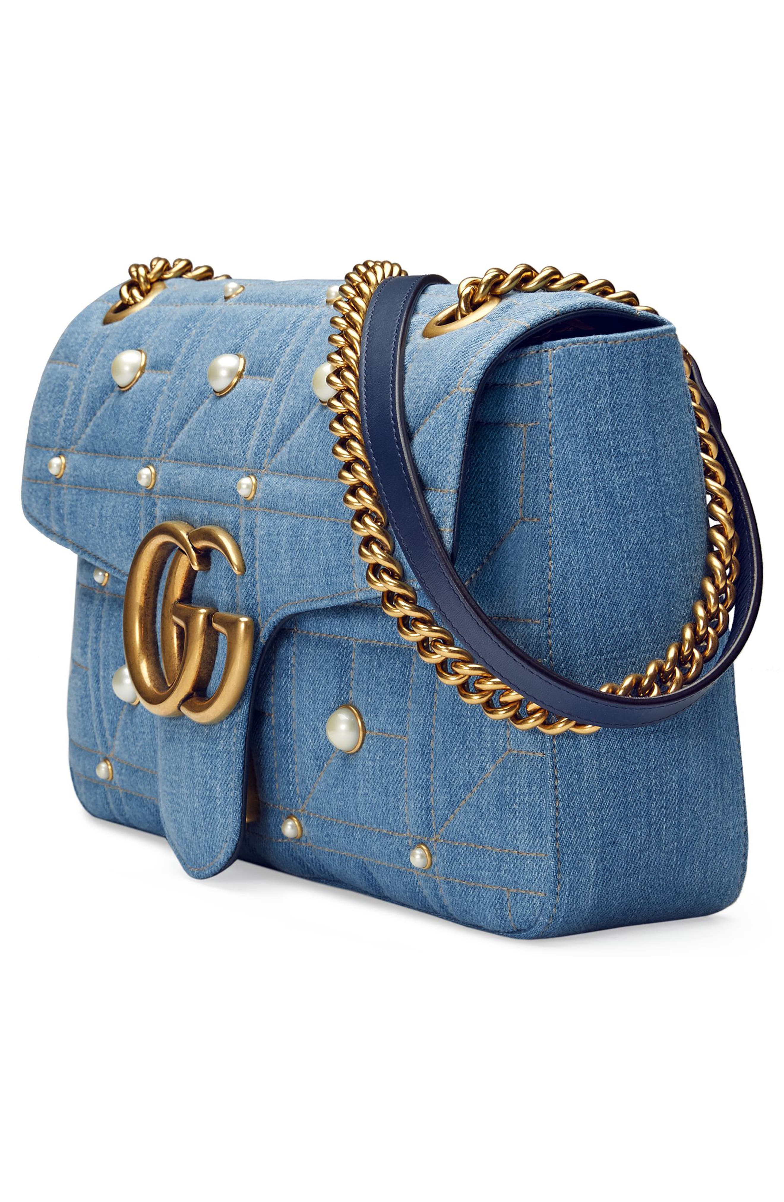 Gucci GG Marmont 2.0 Imitation Pearl Embellished Denim Crossbody Bag, Alternate, color, 