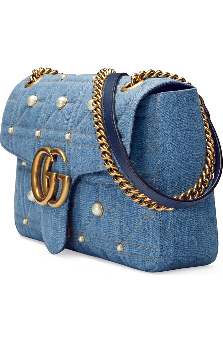 Gucci GG Marmont 2.0 Imitation Pearl Embellished Denim Crossbody Bag, Alternate, color,