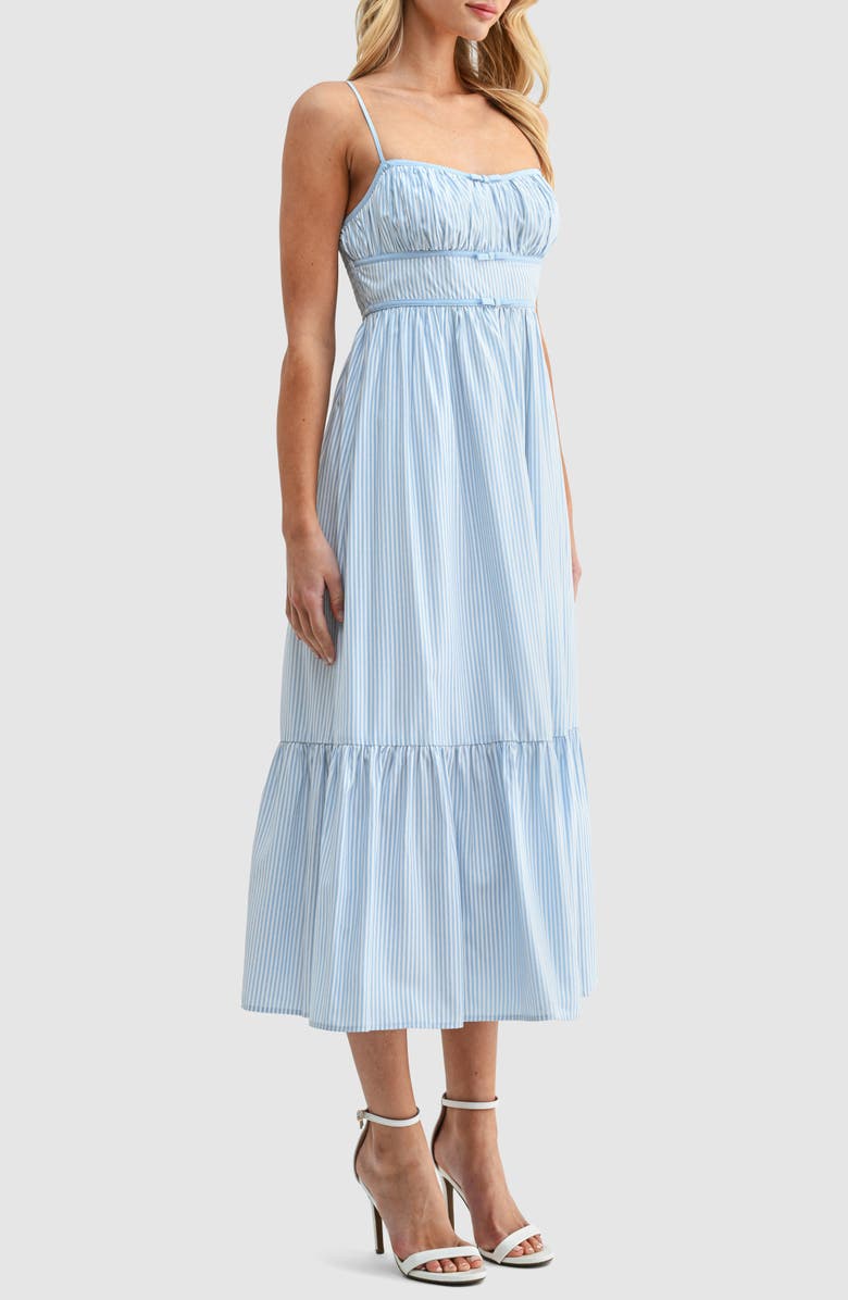All in Favor Stripe Bow Detail Ruffle Hem Midi Dress, Alternate, color, Light Blue Stripe