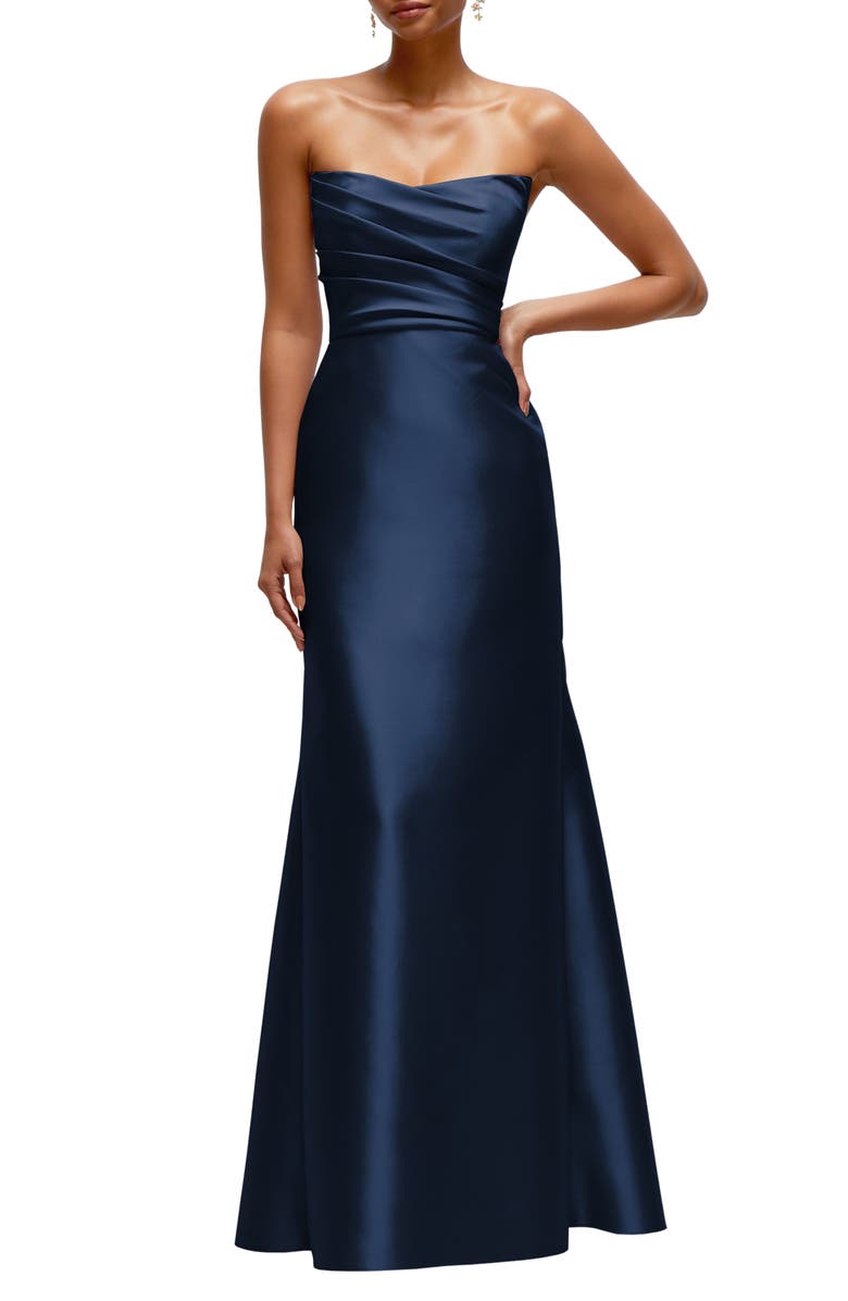 Alfred Sung Strapless Cateye V-Neck Satin Twill Gown, Main, color, Midnight