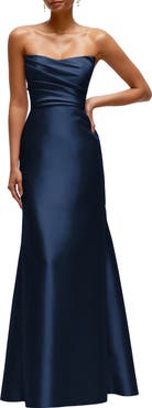 Alfred Sung Strapless Cateye V-Neck Satin Twill Gown