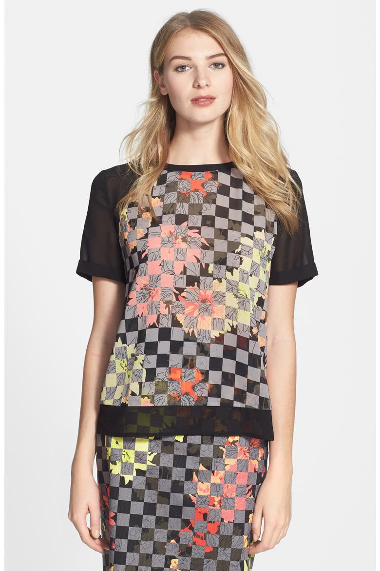 Short Sleeve Chiffon Top, Main, color, BLACK/ CORAL CHECKER FLORAL