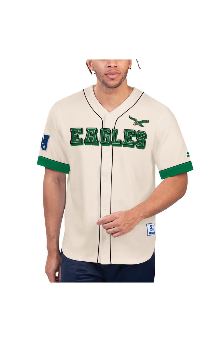 STARTER Men's Starter Cream Philadelphia Eagles Relay Vintage Full-Button Baseball Top, Main, color,