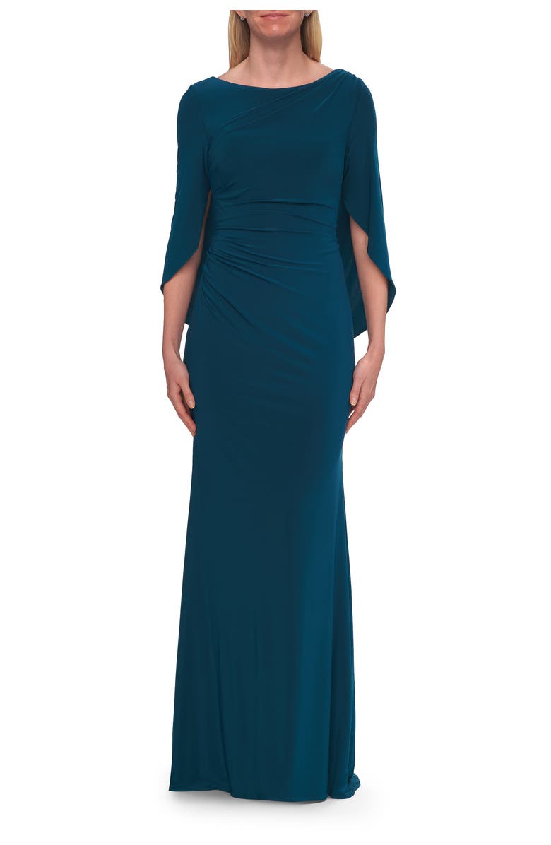 La Femme Draped Cape Sleeve Jersey Gown with Ruched Bodice, Main, color, Teal
