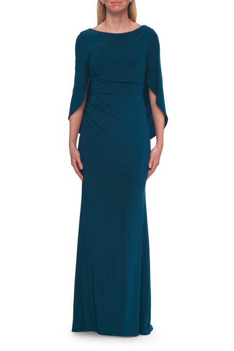 Draped Cape Sleeve Jersey Gown with Ruched Bodice