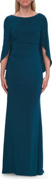 La Femme Draped Cape Sleeve Jersey Gown with Ruched Bodice