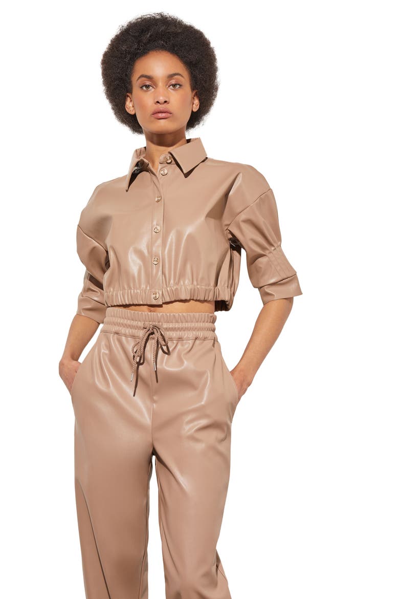 Faux Leather Crop Shirt, Alternate, color, JAVA