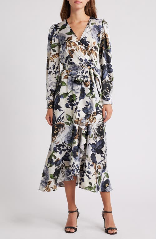 Tahari ASL Floral Satin Midi Dress in Ivory Grey 