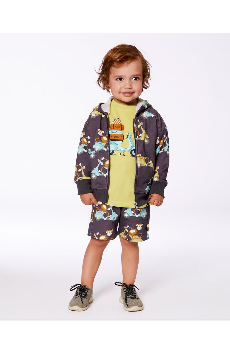 Deux par Deux Baby Boy's Printed French Terry Hooded Full Zip Cardigan Sweatshirt Monkey On Navy Moped, Alternate, color, 